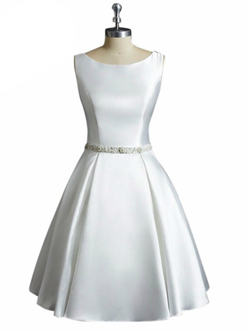 A-line Scoop Satin Knee Length Wedding Dress