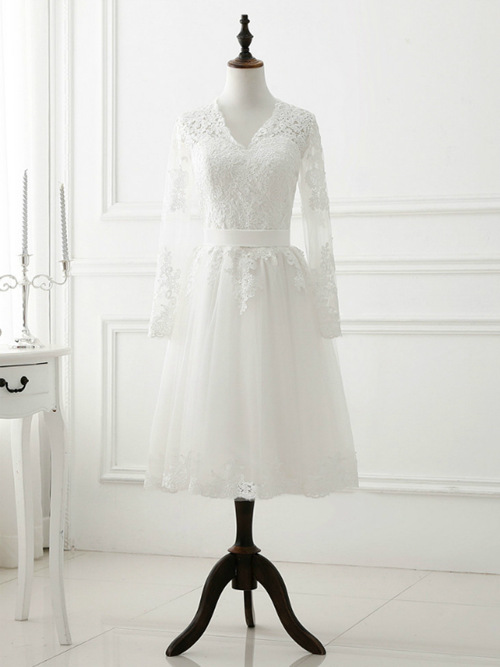 A-line Lace Sleeves Tulle Short Bridal Dress