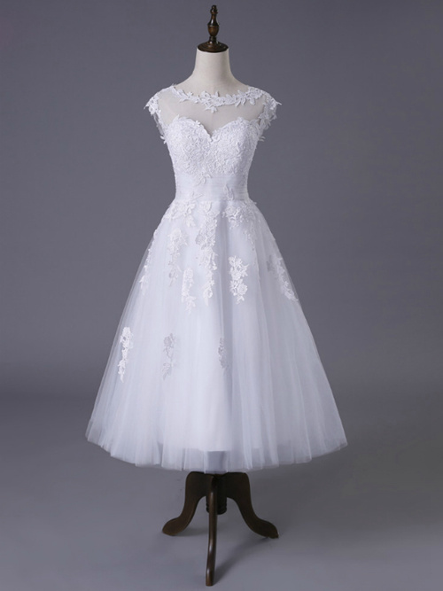 A-line Sheer Tulle Tea Length Bridal Wear Applique