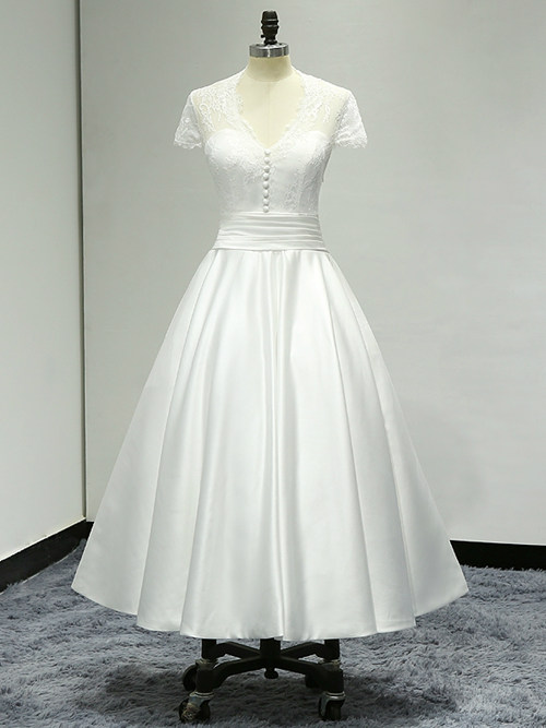 A-line Lace Sleeves Satin Bridal Dress