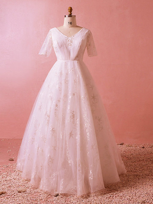 A-line V Neck Tulle Sleeves Plus Size Bridal Dress Applique