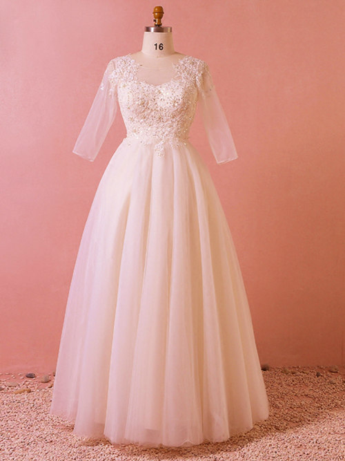 A-line Sheer Tulle Sleeves Plus Size Wedding Dress Applique