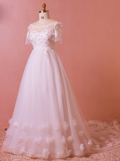 A-line Sheer Tulle Sleeves Plus Size Bridal Gown Applique