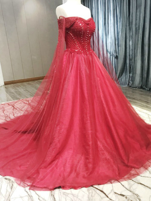 A-line Sweetheart Tulle Red Wedding Gown Beads