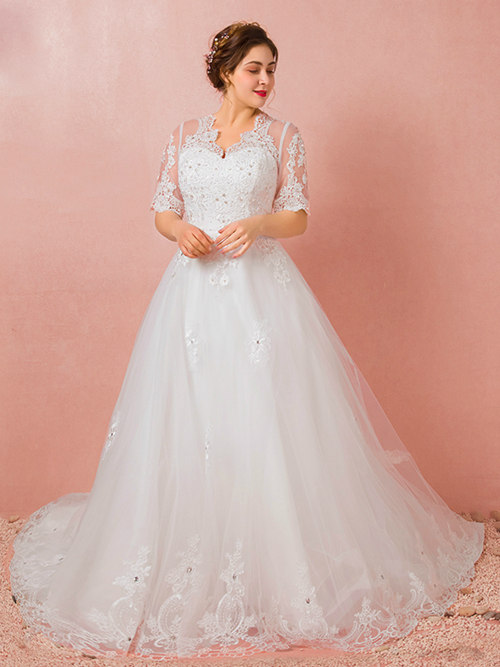 A-line Tulle Sleeves Plus Size Wedding Gown Applique