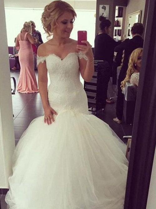 Trumpet Off Shoulder Tulle Lace Wedding Gown