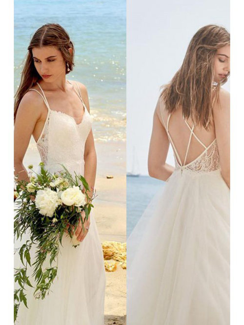 A-line Spaghetti Straps Lace Chiffon Beach Wedding Dress