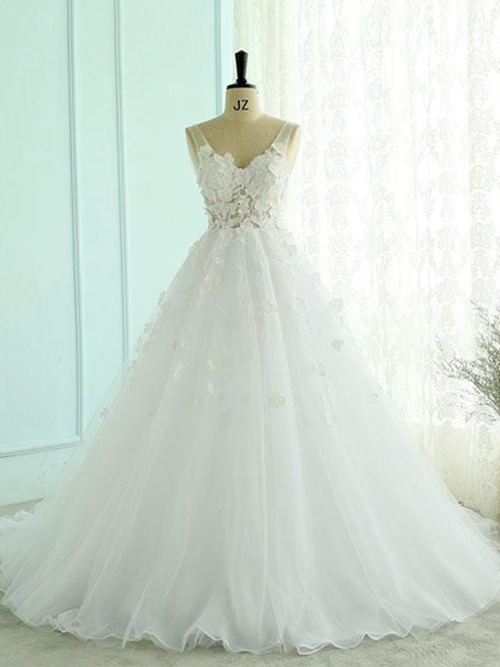 A-line Straps Tulle Bridal Gown Applique