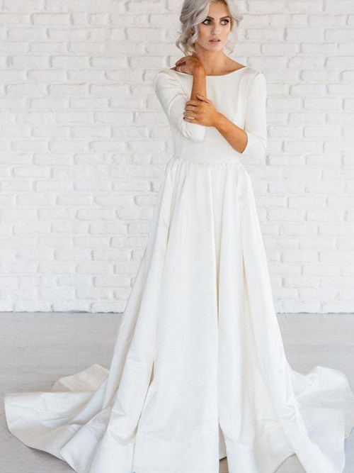 A-line Bateau Satin Sleeves Bridal Gown