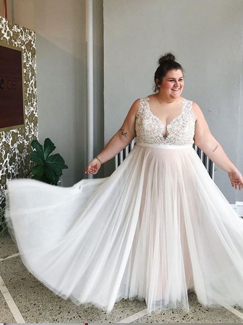 A-line Straps Tulle Lace Plus Size Wedding Dress