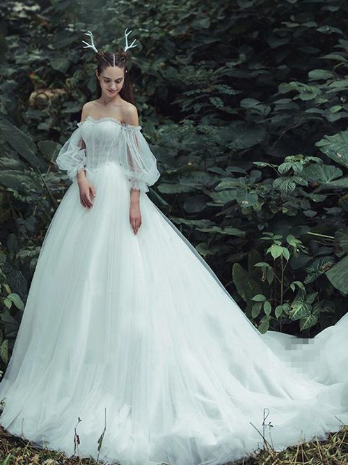 A-line Off Shoulder Tulle Sleeves Bridal Gown