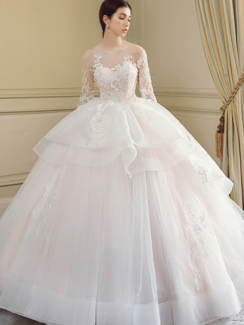 Ball Gown Sheer Organza Sleeves Bridal Wear Applique