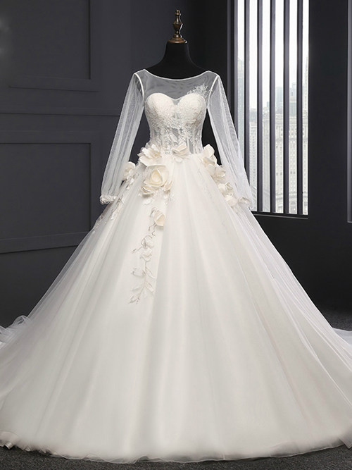 A-line Sheer Tulle Sleeves Bridal Gown Applique