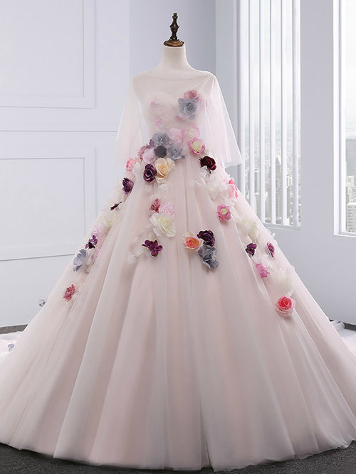 A-line Sheer Tulle Sleeves Pink Bridal Gown Flowers