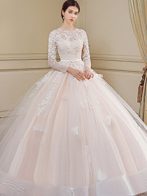 Ball Gown Jewel Tulle Lace Sleeves Bridal Wear