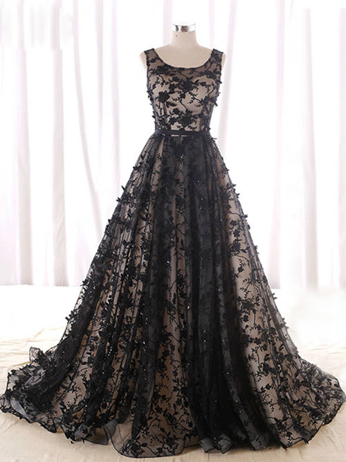 A-line Scoop Lace Black Wedding Gown