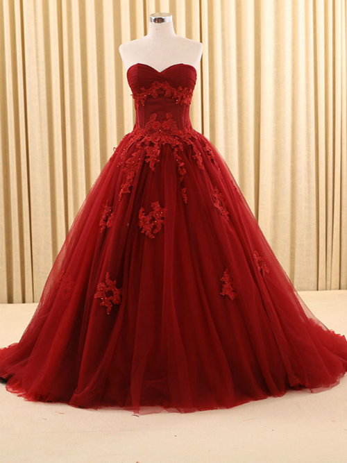 Ball Gown Sweetheart Tulle Burgundy Wedding Wear Applique