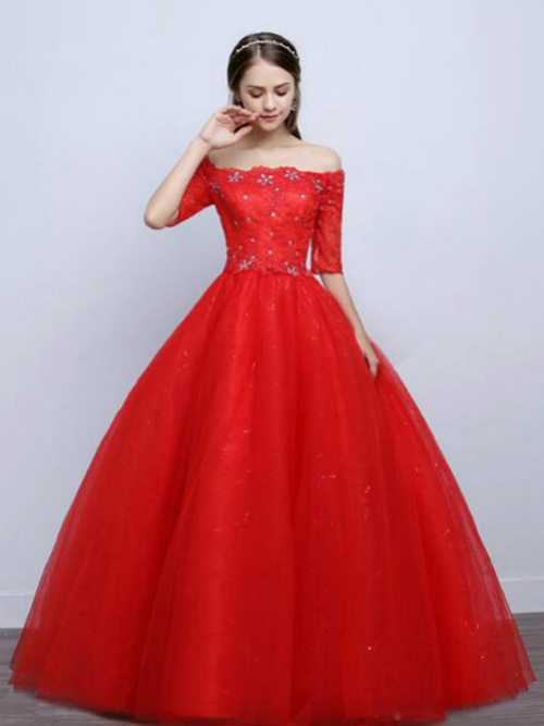 Ball Gown Off Shoulder Organza Sleeves Red Bridal Wear