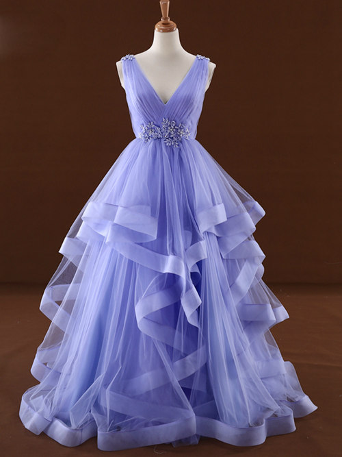 A-line V Neck Tulle Purple Wedding Dress Applique