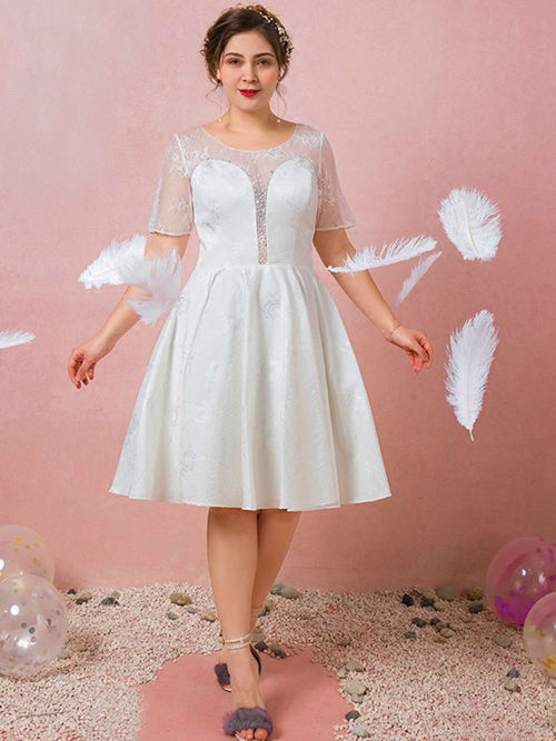 Princess Scoop Short Sleeves Satin Plus Size Wedding Wear