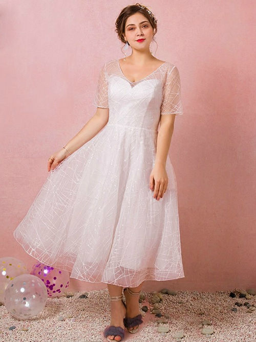 A-line V Neck Organza Sleeves Tea Length Plus Size Wedding Dress