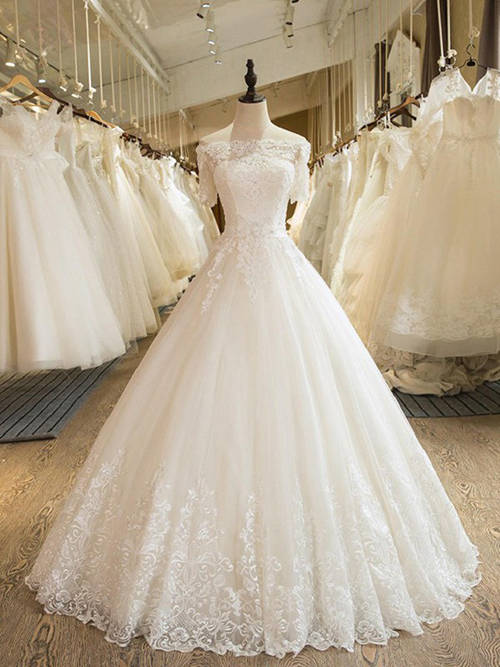 A-line Off Shoulder Lace Sleeves Bridal Wear