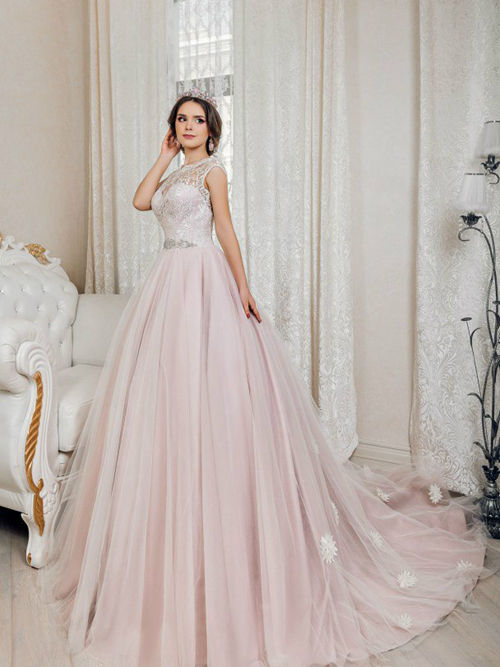 A-line Sheer Lace Tulle Pink Wedding Gown Beads