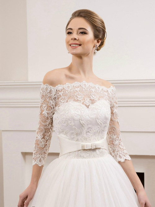 A-line Off Shoulder Lace Sleeves Tulle Bridal Dress