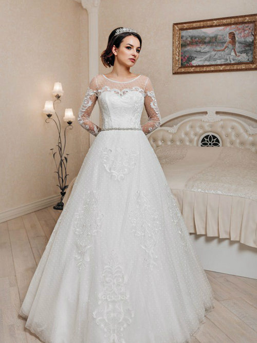 A-line Scoop Lace Sleeves Tulle Wedding Wear Beads