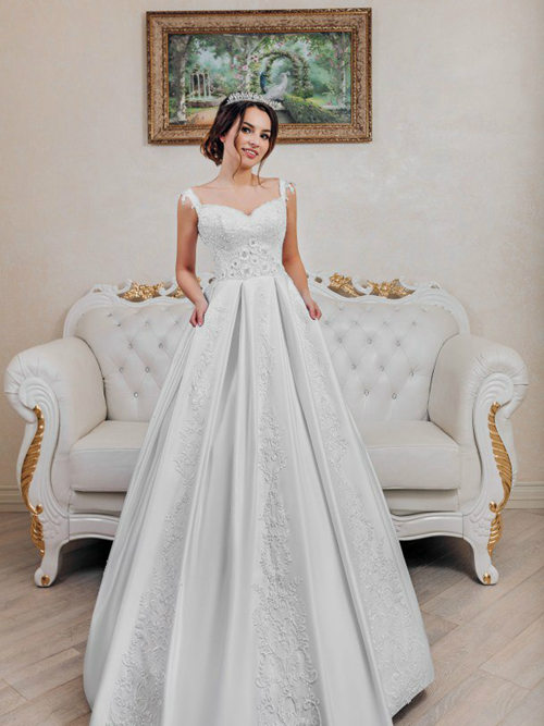 A-line Spaghetti Straps Lace Satin Wedding Gown
