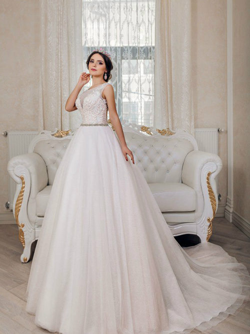 A-line Scoop Tulle Lace Wedding Gown Beads