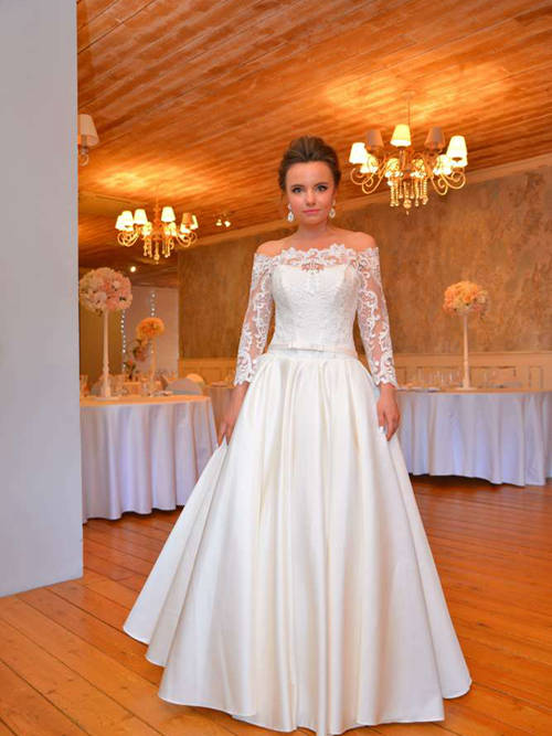 A-line Off Shoulder Lace Sleeves Satin Bridal Dress