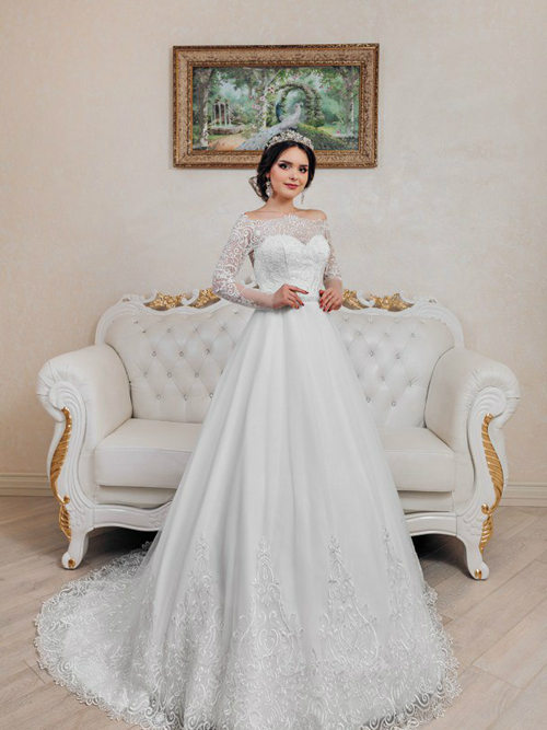A-line Off Shoulder Lace Sleeves Tulle Satin Bridal Gown