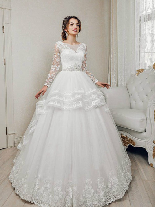 Ball Gown Scoop Lace Sleeves Tulle Wedding Garment Beads