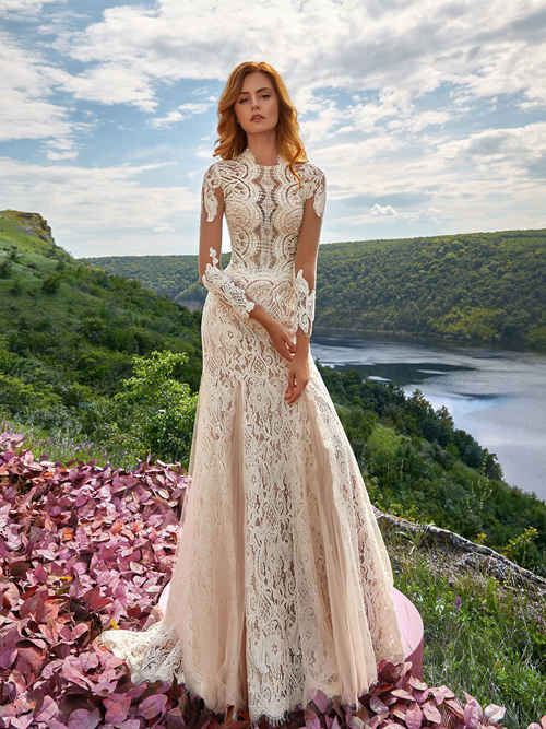 Mermaid High Neck Lace Sleeves Wedding Gown