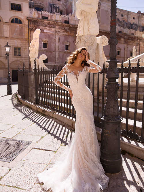 Mermaid V Neck Lace Sleeves Bridal Gown