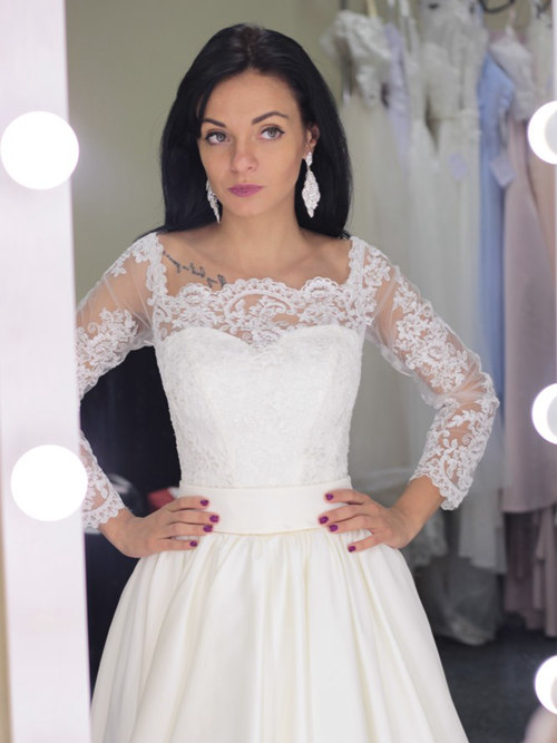 A-line Square Lace Sleeves Satin Wedding Gown