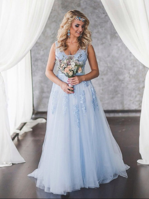A-line Straps Tulle Blue Bridal Dress Applique