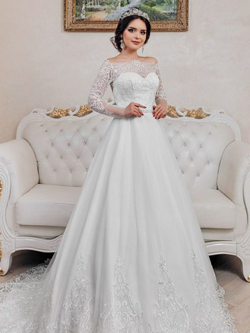 A-line Off Shoulder Satin Lace Sleeves Bridal Gown