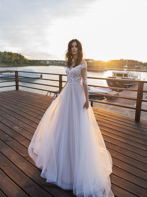 A-line Off Shoulder Lace Sleeves Tulle Bride Dress