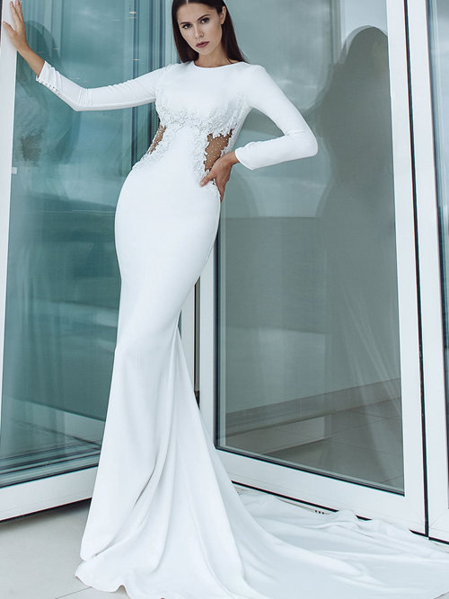 Mermaid Jewel Satin Sleeves Wedding Wear Applique