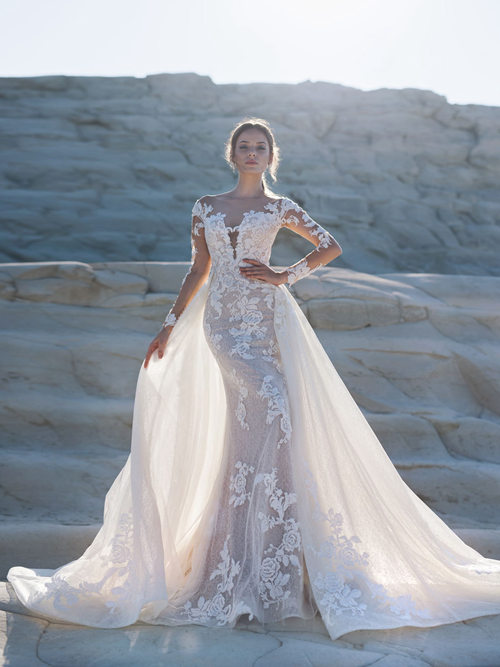 Mermaid Sheer Lace Sleeves Tulle 2 in 1 Bridal Dress