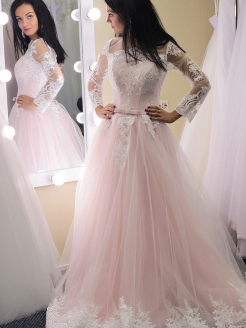 A-line Sheer Lace Sleeves Tulle Pink Wedding Dress