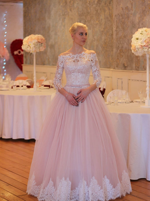Ball Gown Off Shoulder Lace Sleeves Pink Tulle Wedding Wear