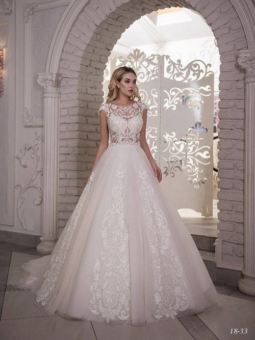 A-line Scoop Lace Tulle Brush Train Wedding Dress