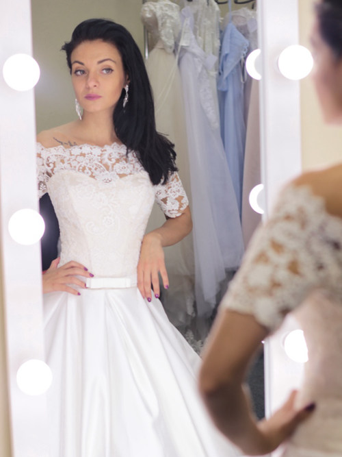A-line Off Shoulder Lace Sleeves Satin Wedding Dress