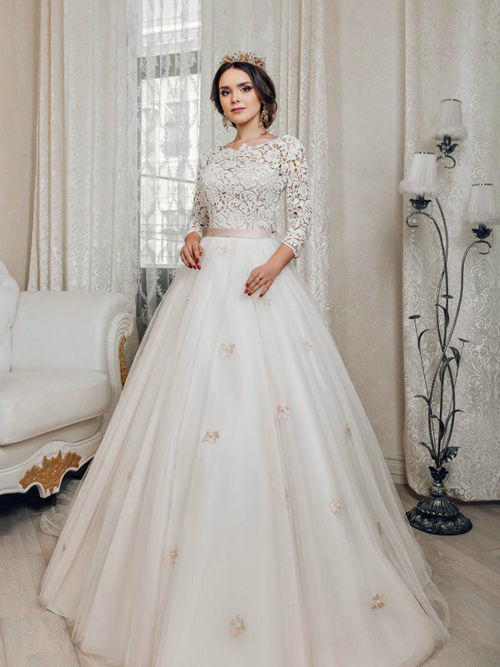 A-line Scoop Lace Sleeves Tulle Bridal Gown