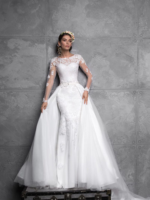 Mermaid Scoop Lace Sleeves 2 in1 Tulle Wedding Gown