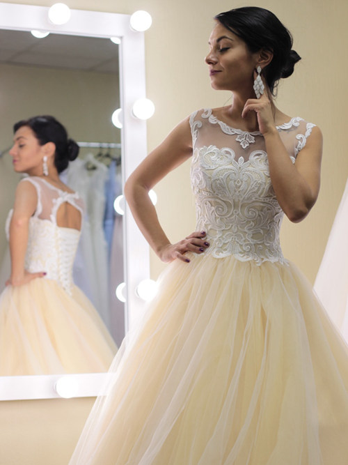 A-line Sheer Lace Tulle Wedding Gown
