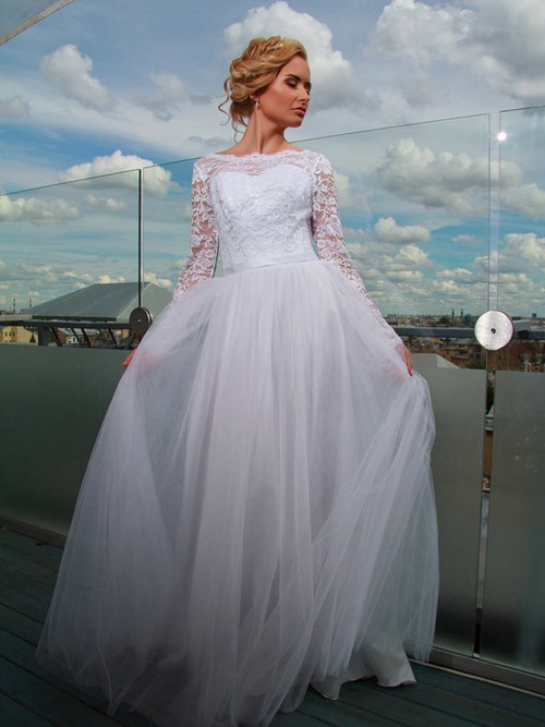 A-line Bateau Lace Sleeves Tulle Wedding Dress